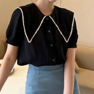 exaggerated neck lantern sleeve blouse